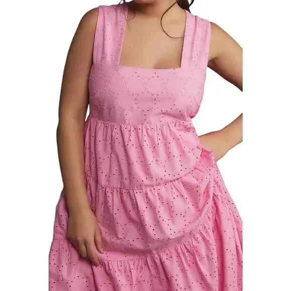 Anthropologie Square-Neck Eyelet Tiered Midi Dress Pink XLP NWT - Picture 2 of 9